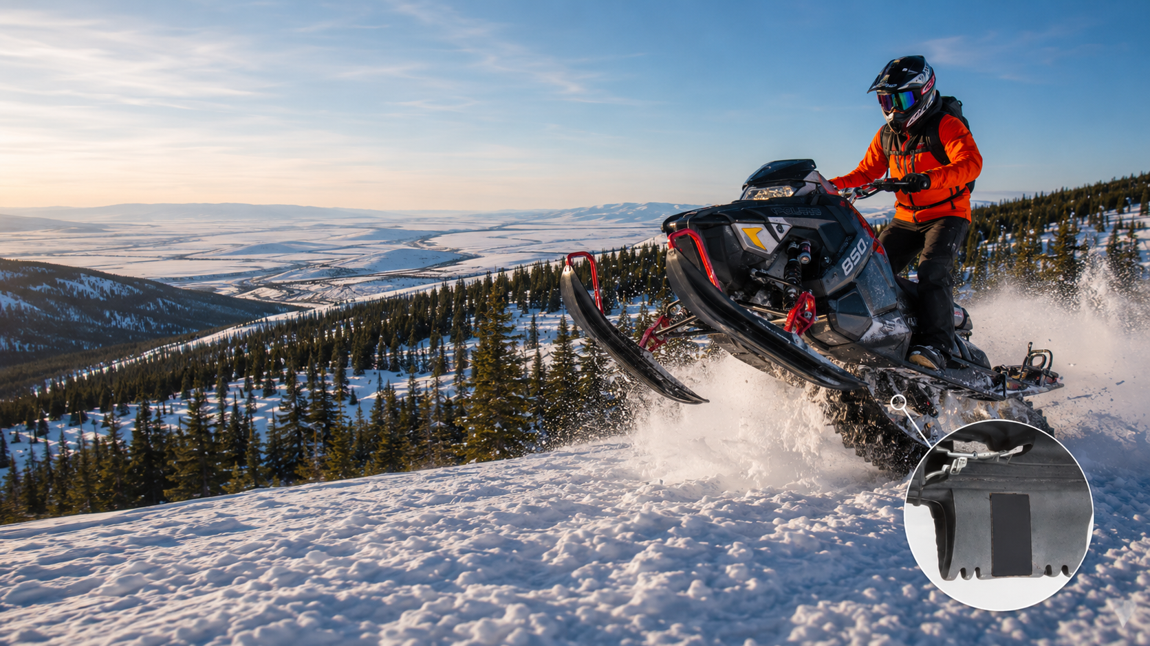 Snowmobiler jumping through the snow with a circular close-up showing a GlueTread patch on the snowmobile track.