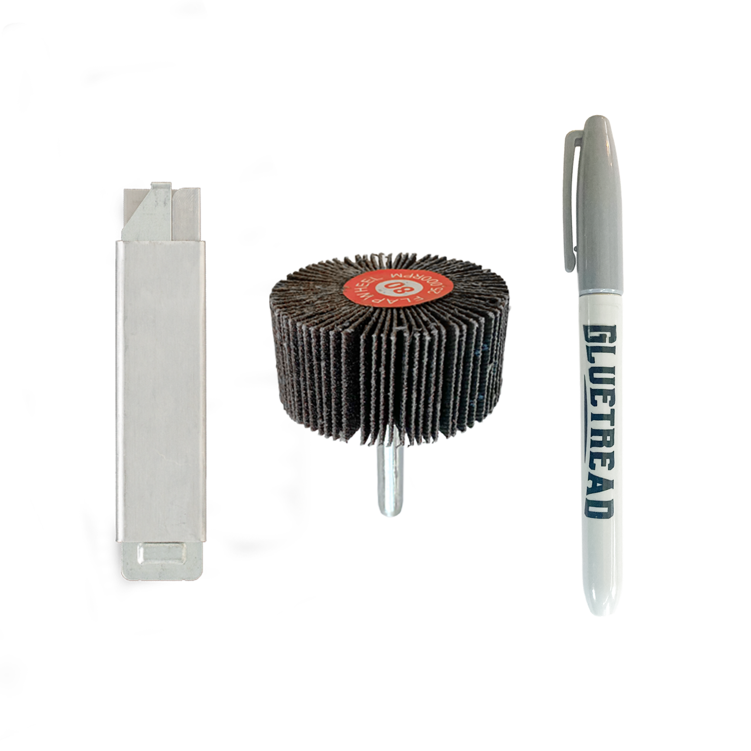 set of tools for patching off-road tire: razor, sanding wheel, and marker