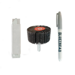 set of tools for patching off-road tire: razor, sanding wheel, and marker