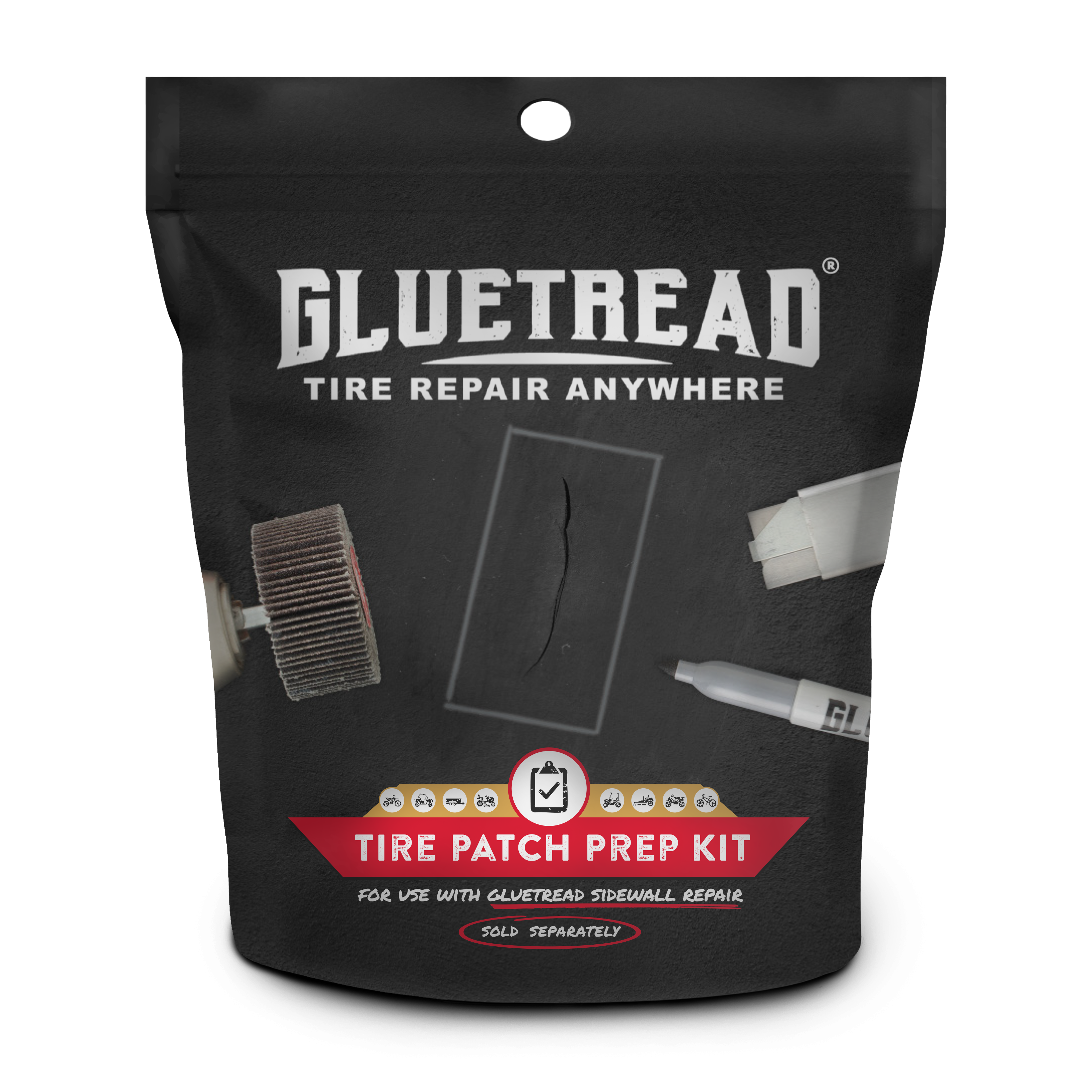Gluetread tire patch prep kit packaging on a white background