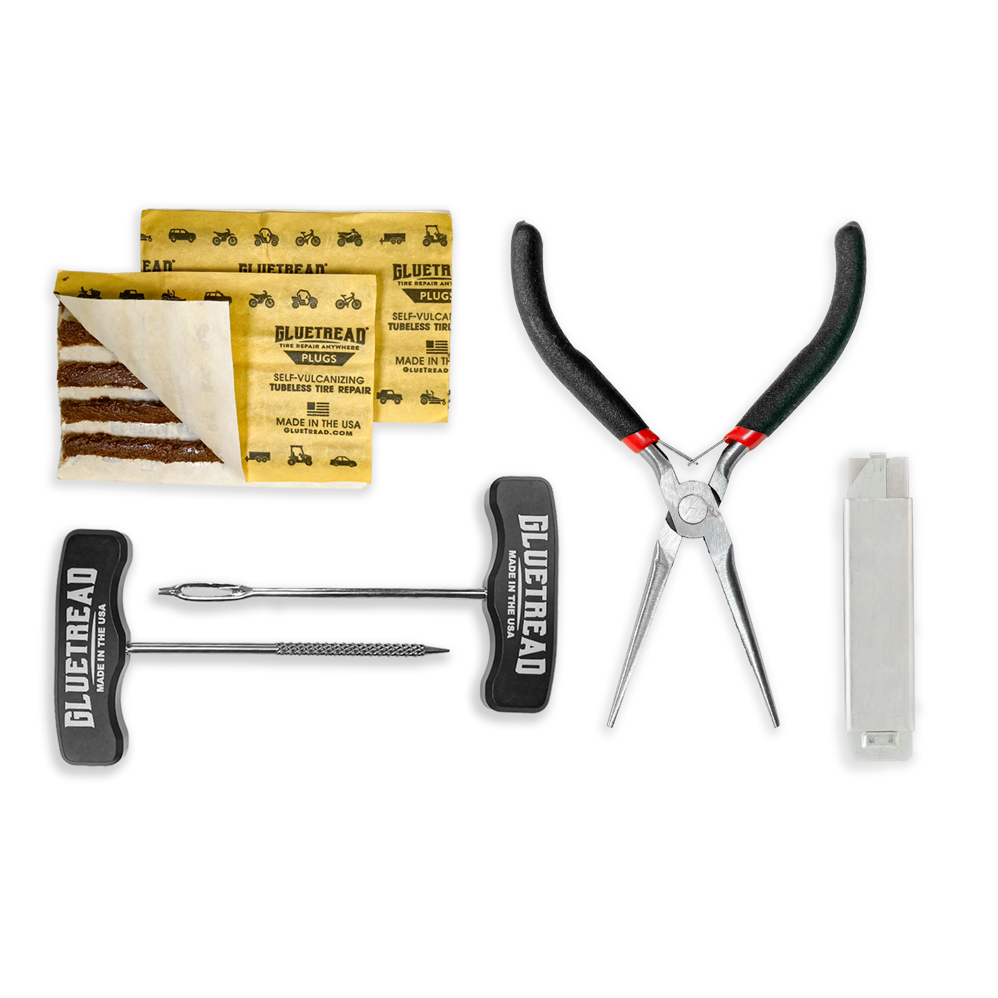 plugs for flat tires, t-handles made in America, pliers and razor