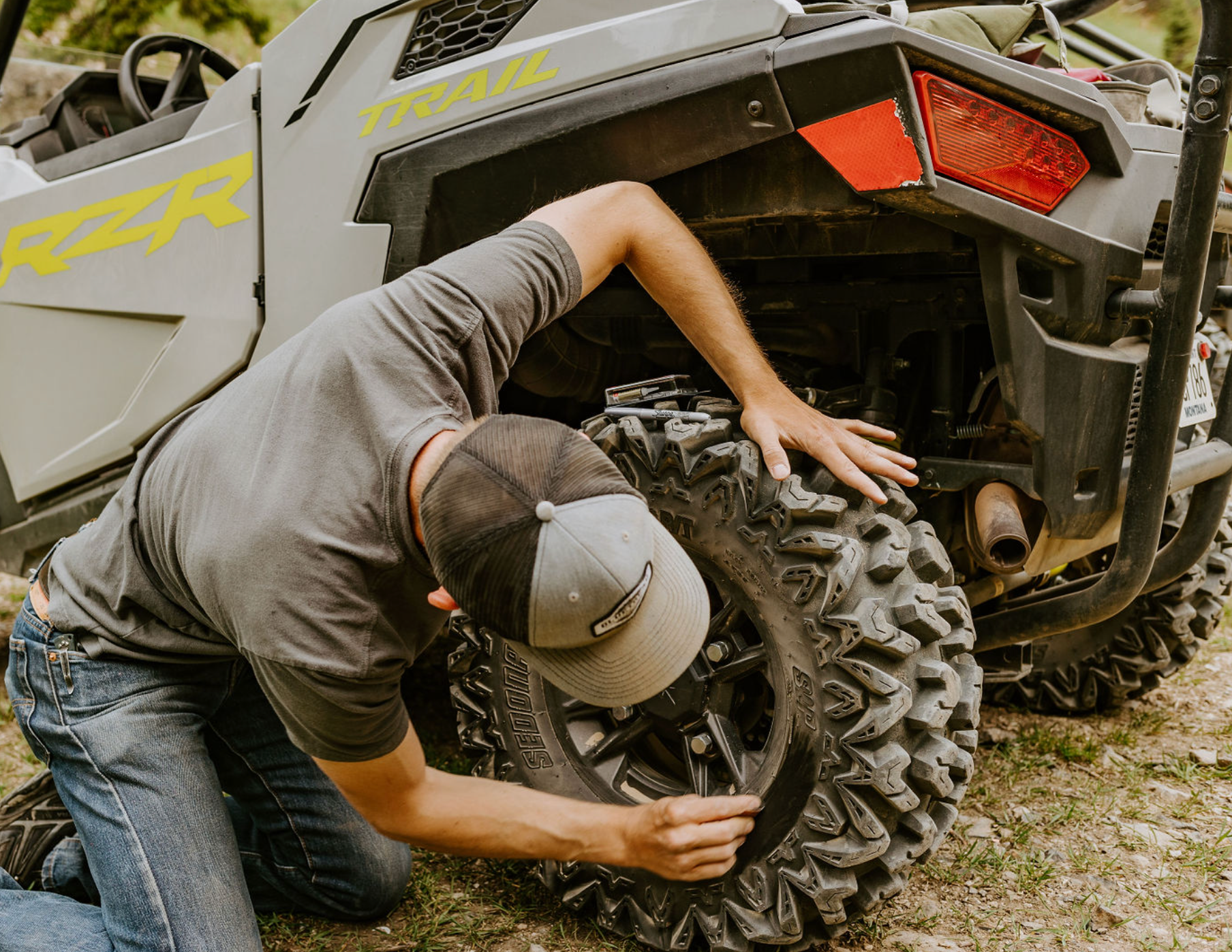 GlueTread repair installed on SxS tire during off-road use in rocky terrain