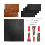 GlueTread sidewall repair kit contents including rubber patches, adhesive, sanding square, and application tools